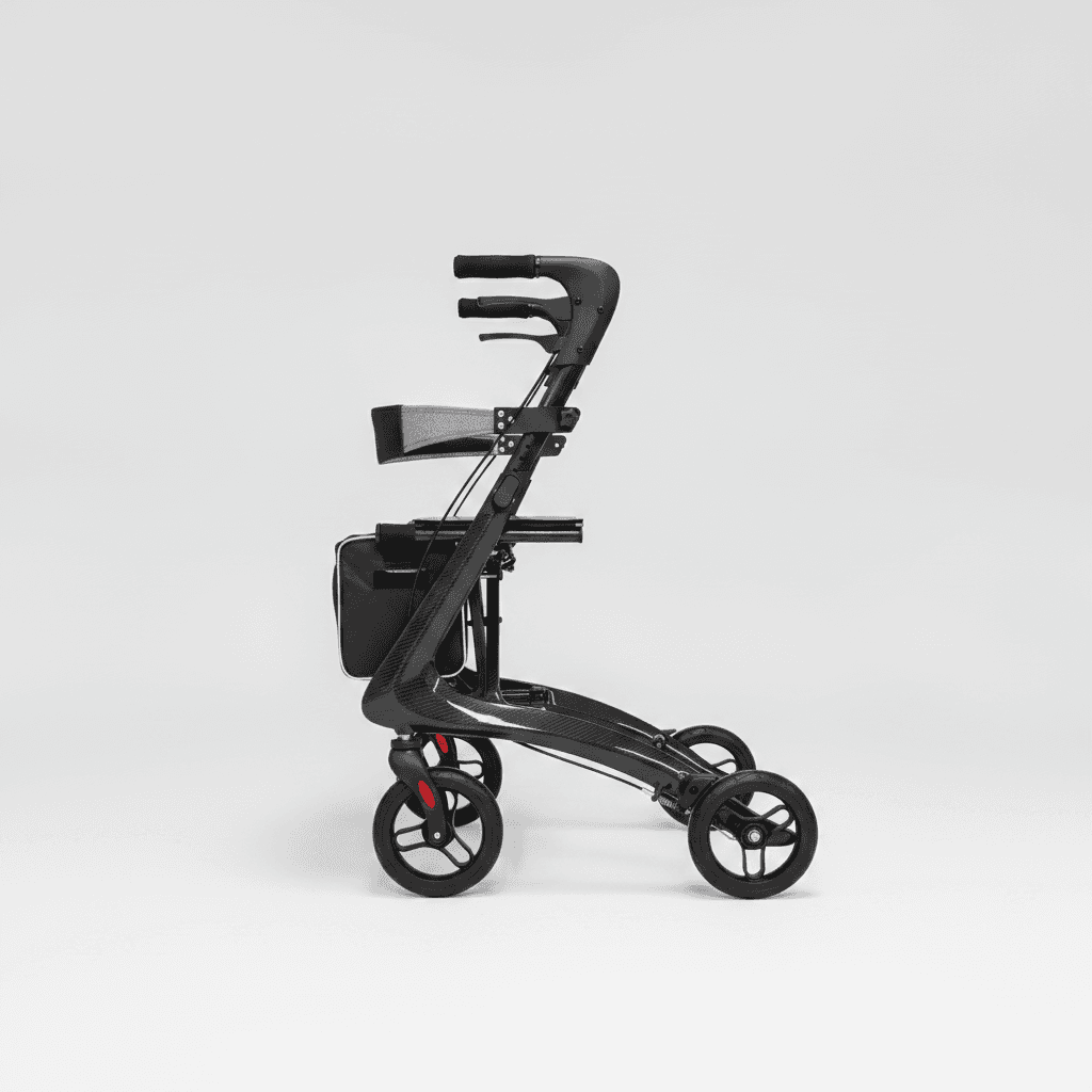 Nova Carbon rollator folded and standing upright